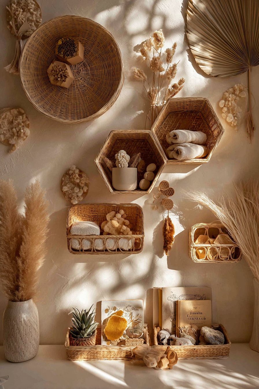 Bohemian Rattan and Woven Basket Shelves