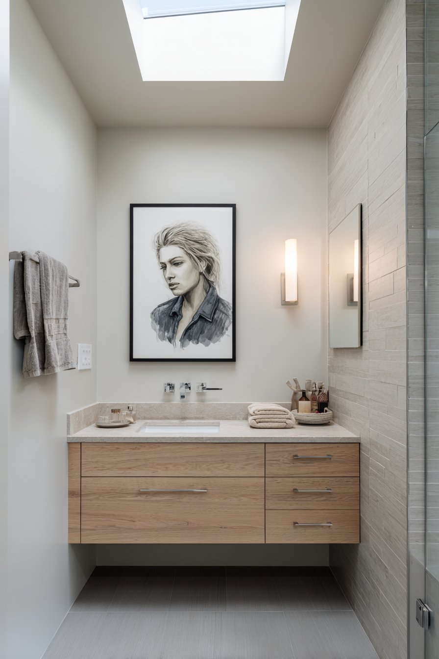 Minimalist Line Drawing Above Floating Vanity