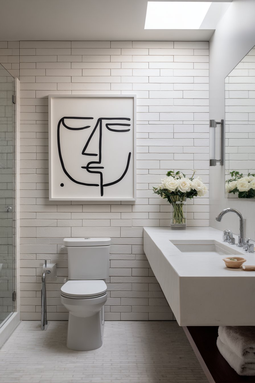 Minimalist Line Drawing Above Floating Vanity