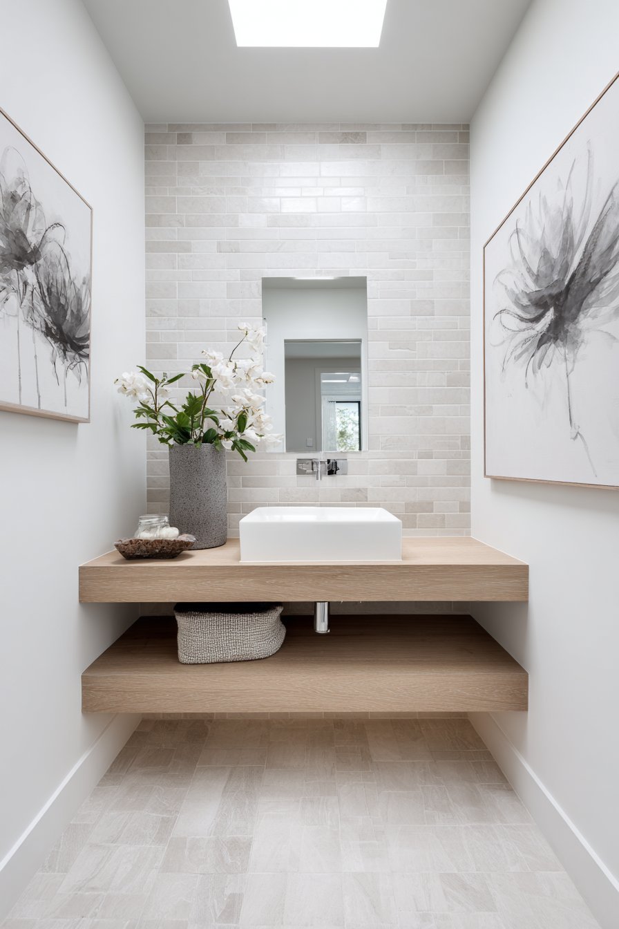 Minimalist Line Drawing Above Floating Vanity