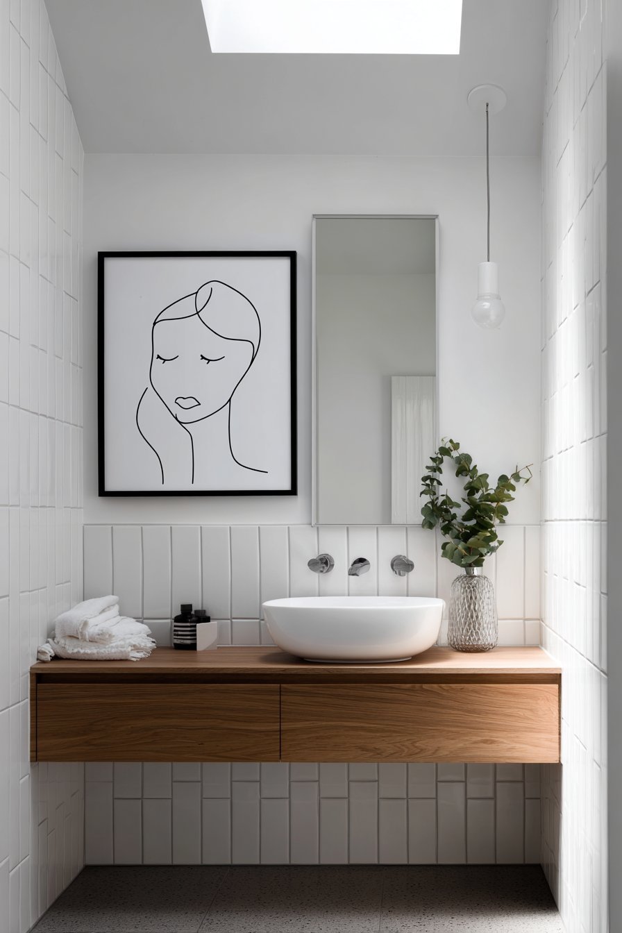 Minimalist Line Drawing Above Floating Vanity