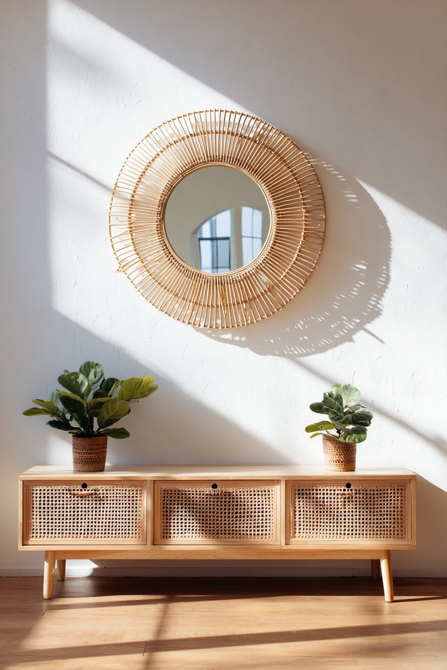Scandinavian Circular Rattan Mirror