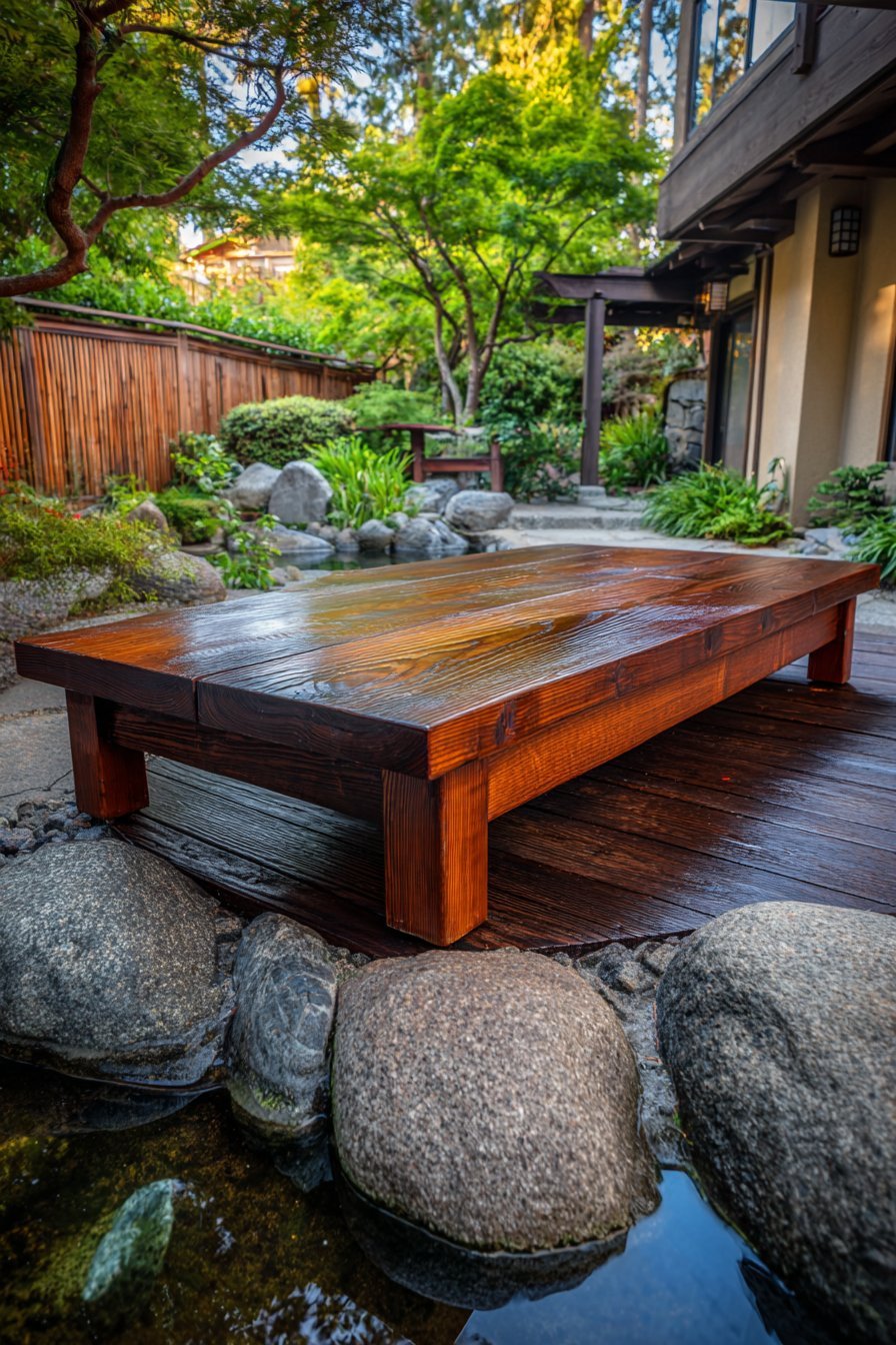Wooden Platform Overlooking Koi Pond