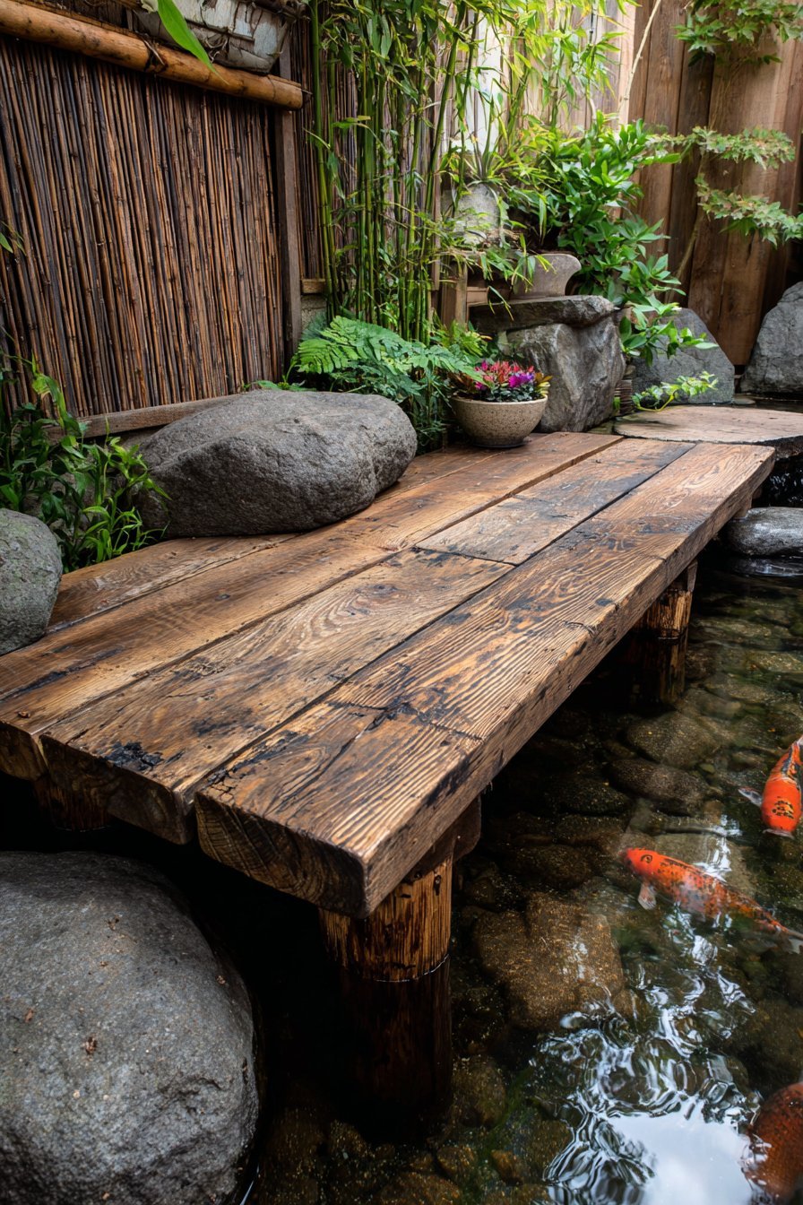 Wooden Platform Overlooking Koi Pond