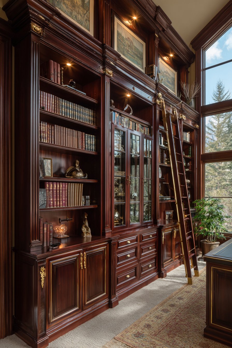 Custom Library Wall with Mahogany Shelving