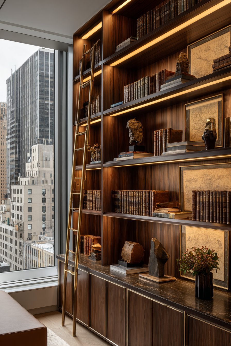 Custom Library Wall with Mahogany Shelving