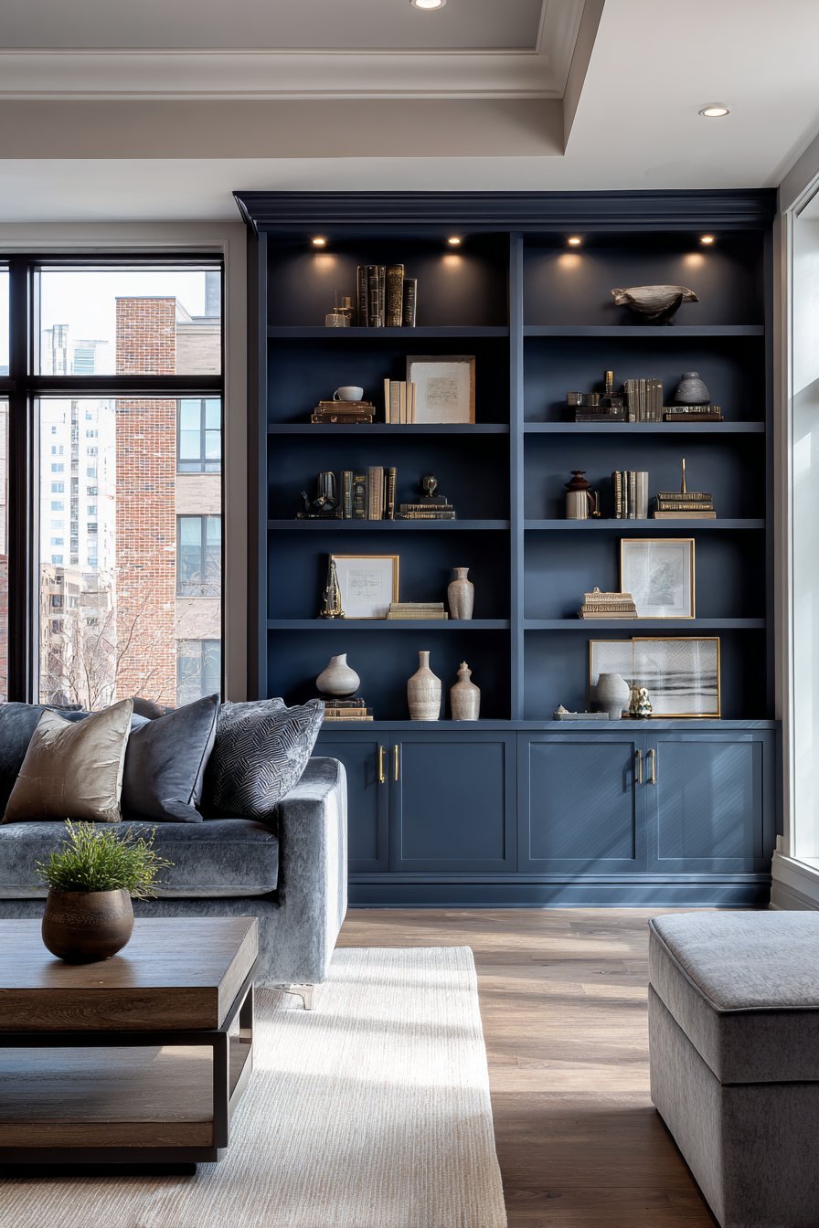 Sophisticated Navy Built-In Shelving