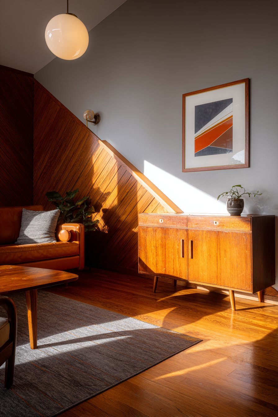 Mid-Century Geometric Wood Panel Treatment