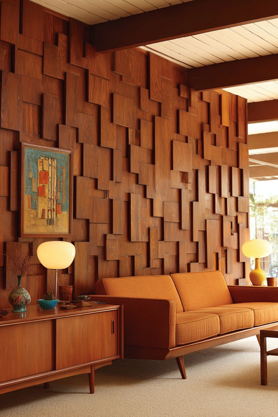 Mid-Century Geometric Wood Panel Treatment
