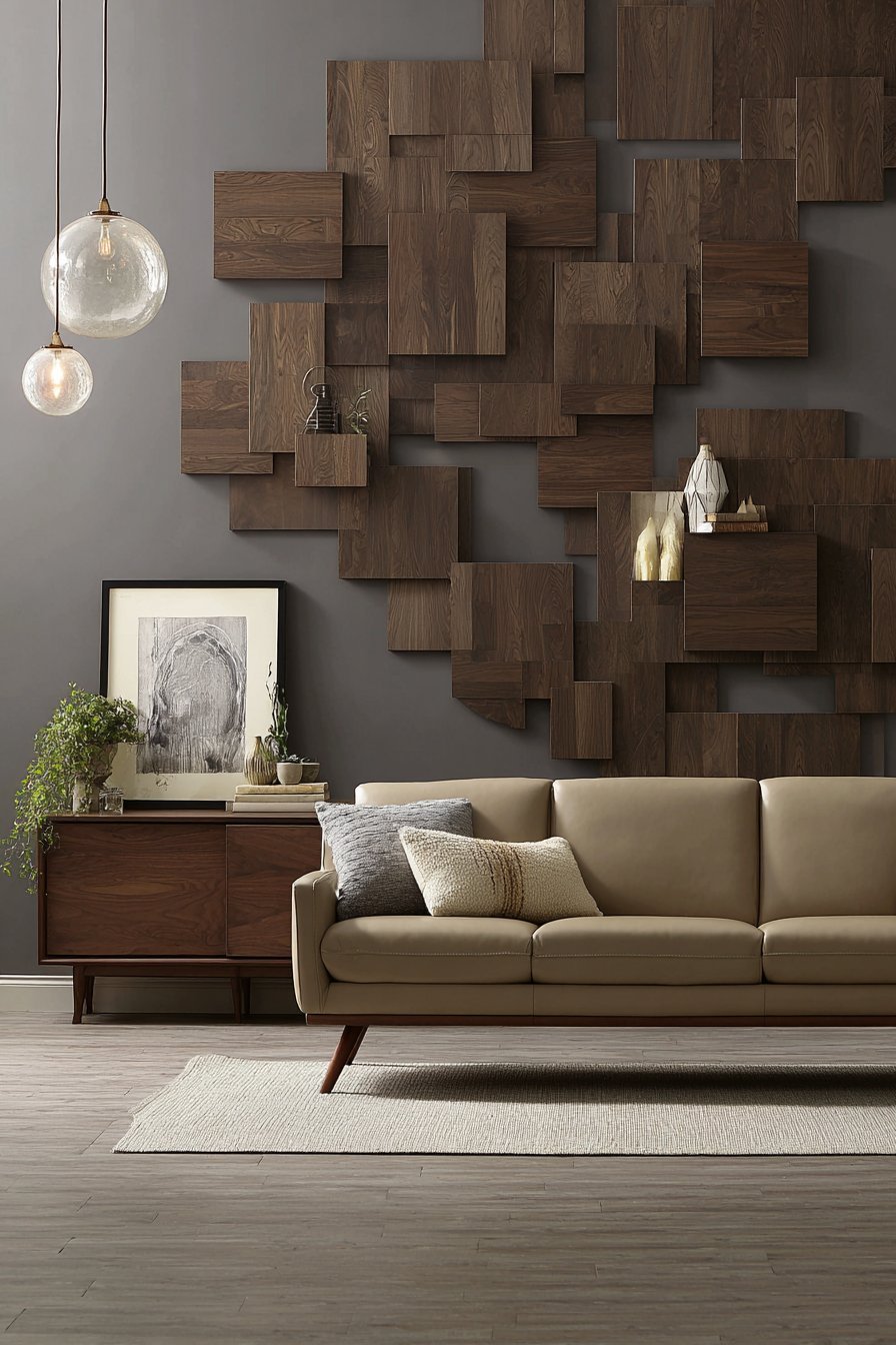 Mid-Century Geometric Wood Panel Treatment