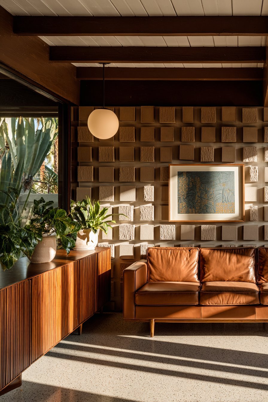 Mid-Century Geometric Wood Panel Treatment