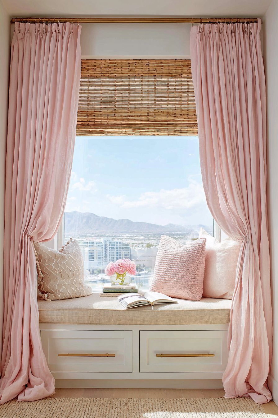 Layered Window Treatment with Built-In Seating