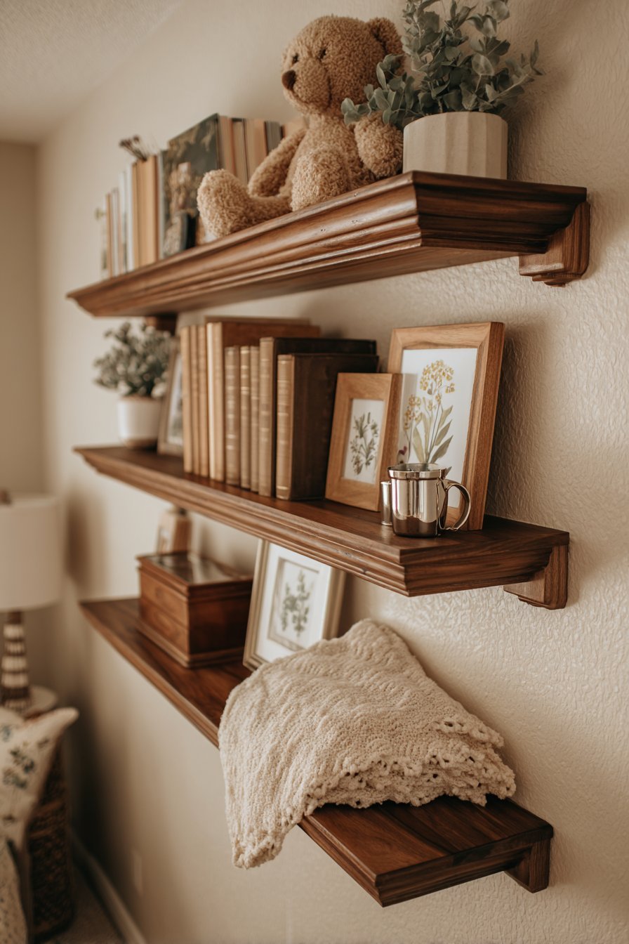 Transitional Dark Walnut Shelves with Classic Elements