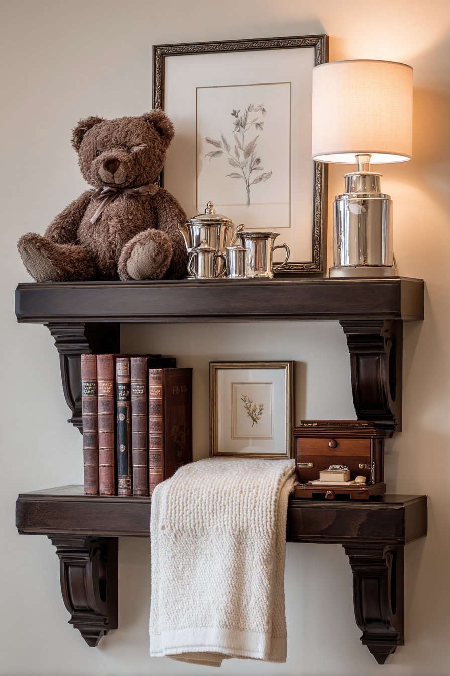 Transitional Dark Walnut Shelves with Classic Elements