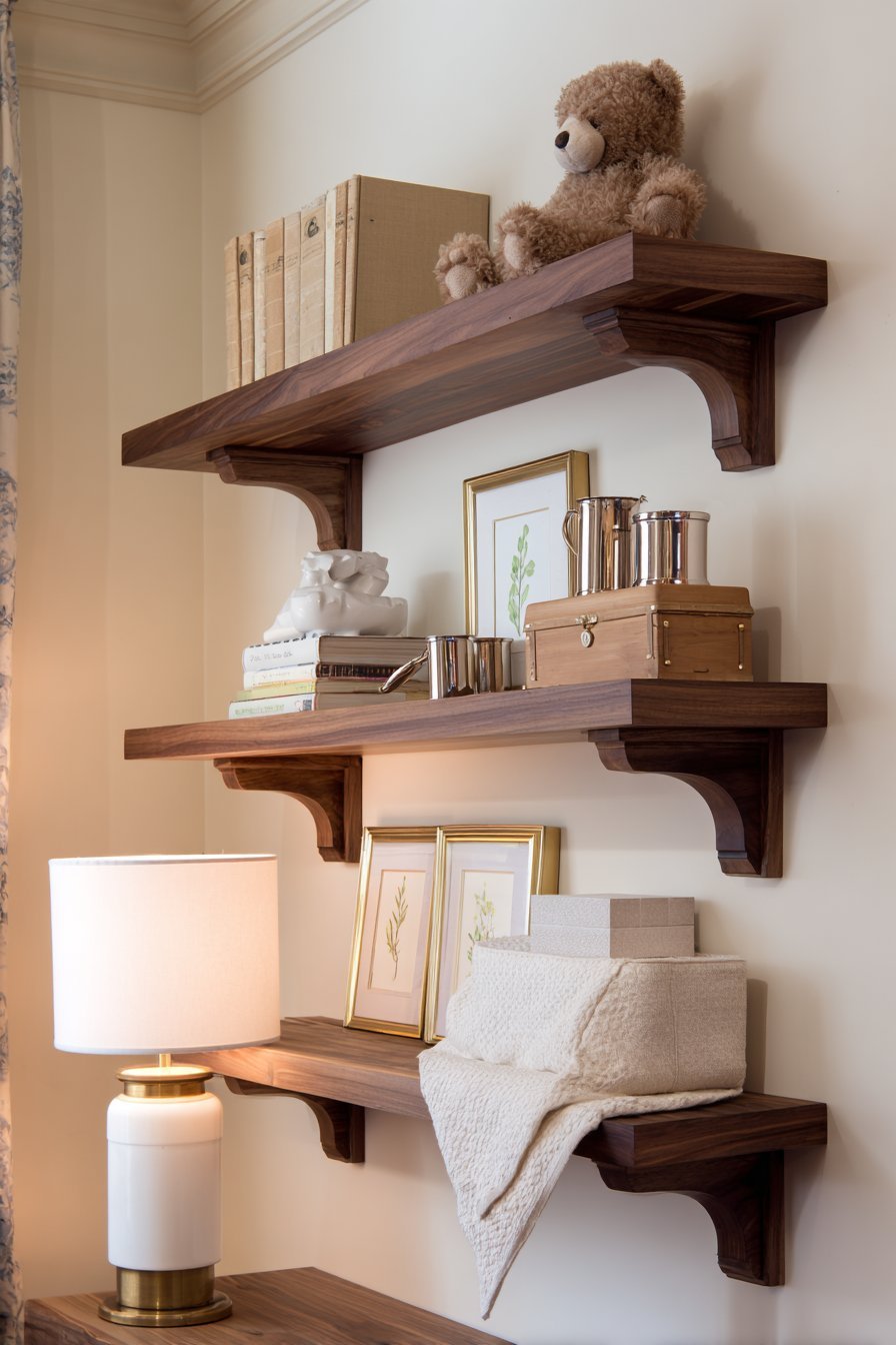 Transitional Dark Walnut Shelves with Classic Elements
