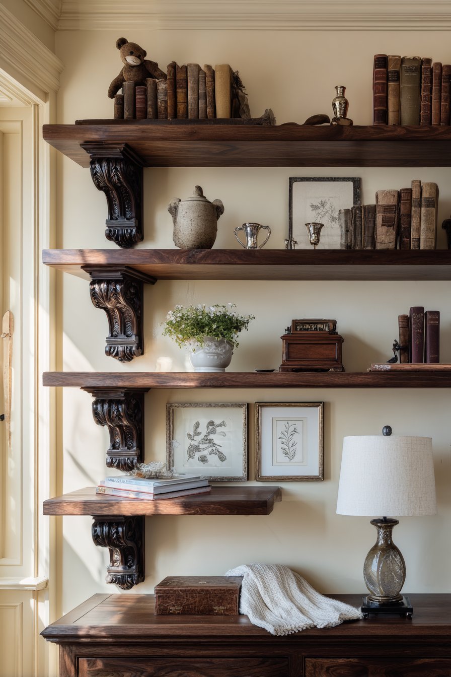 Transitional Dark Walnut Shelves with Classic Elements