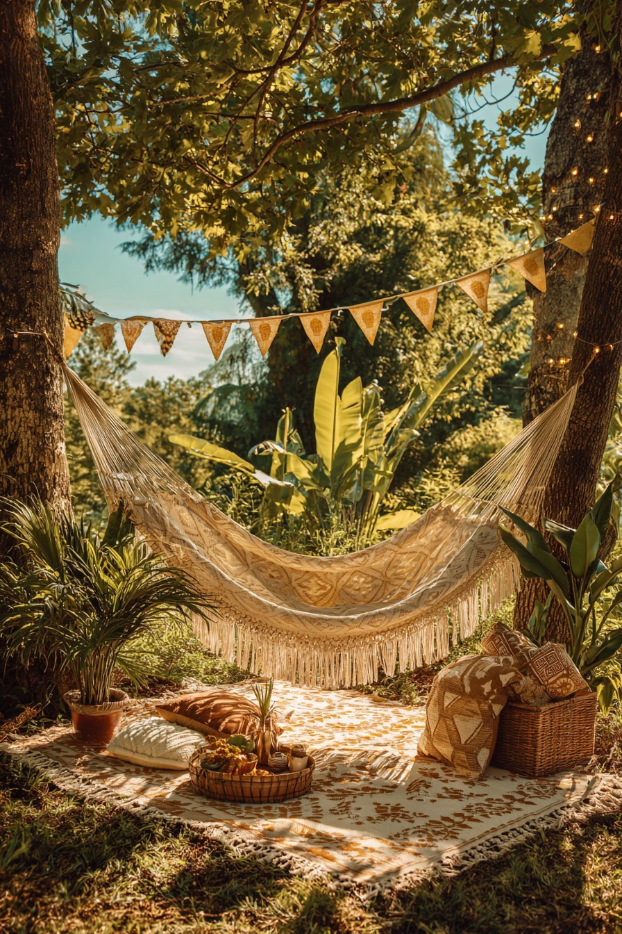 Hand-Woven Hammock Between Trees