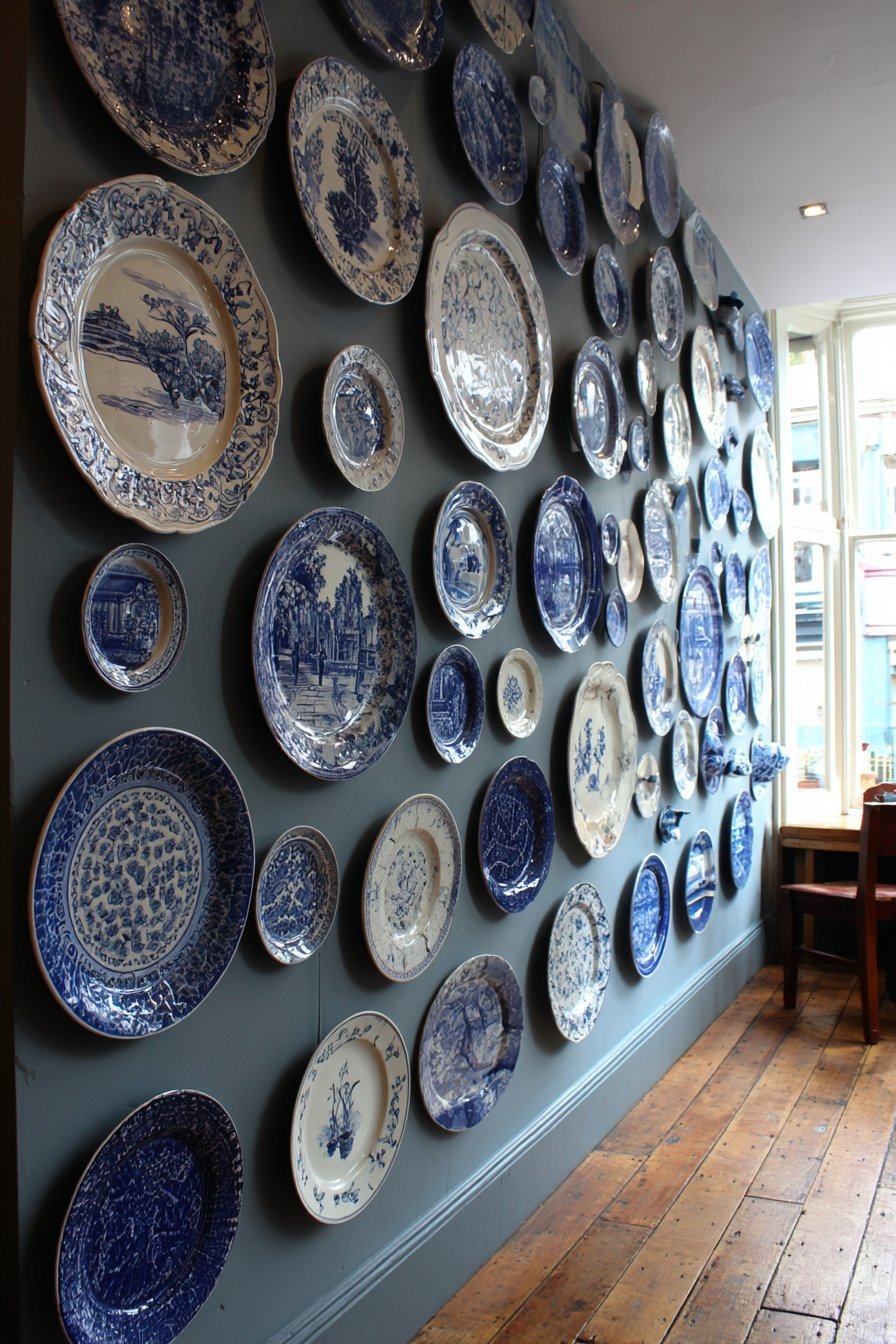 Blue and White Transferware Plate Wall