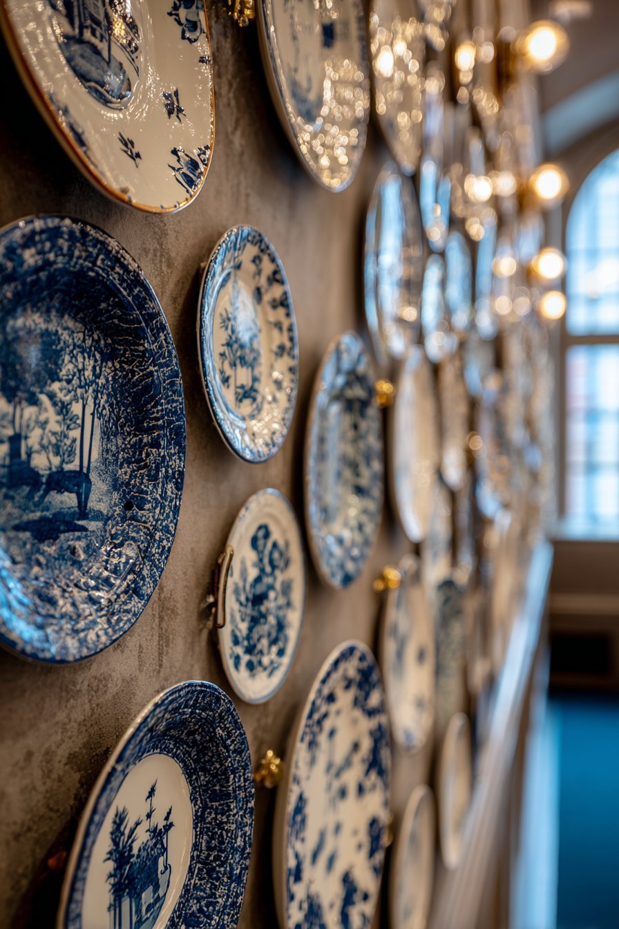 Blue and White Transferware Plate Wall