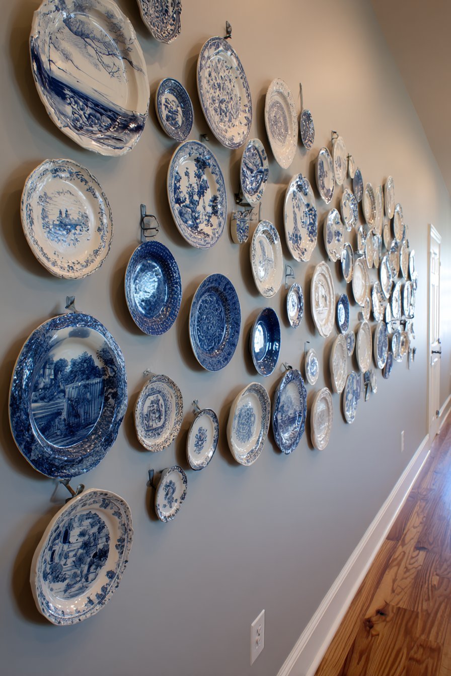 Blue and White Transferware Plate Wall
