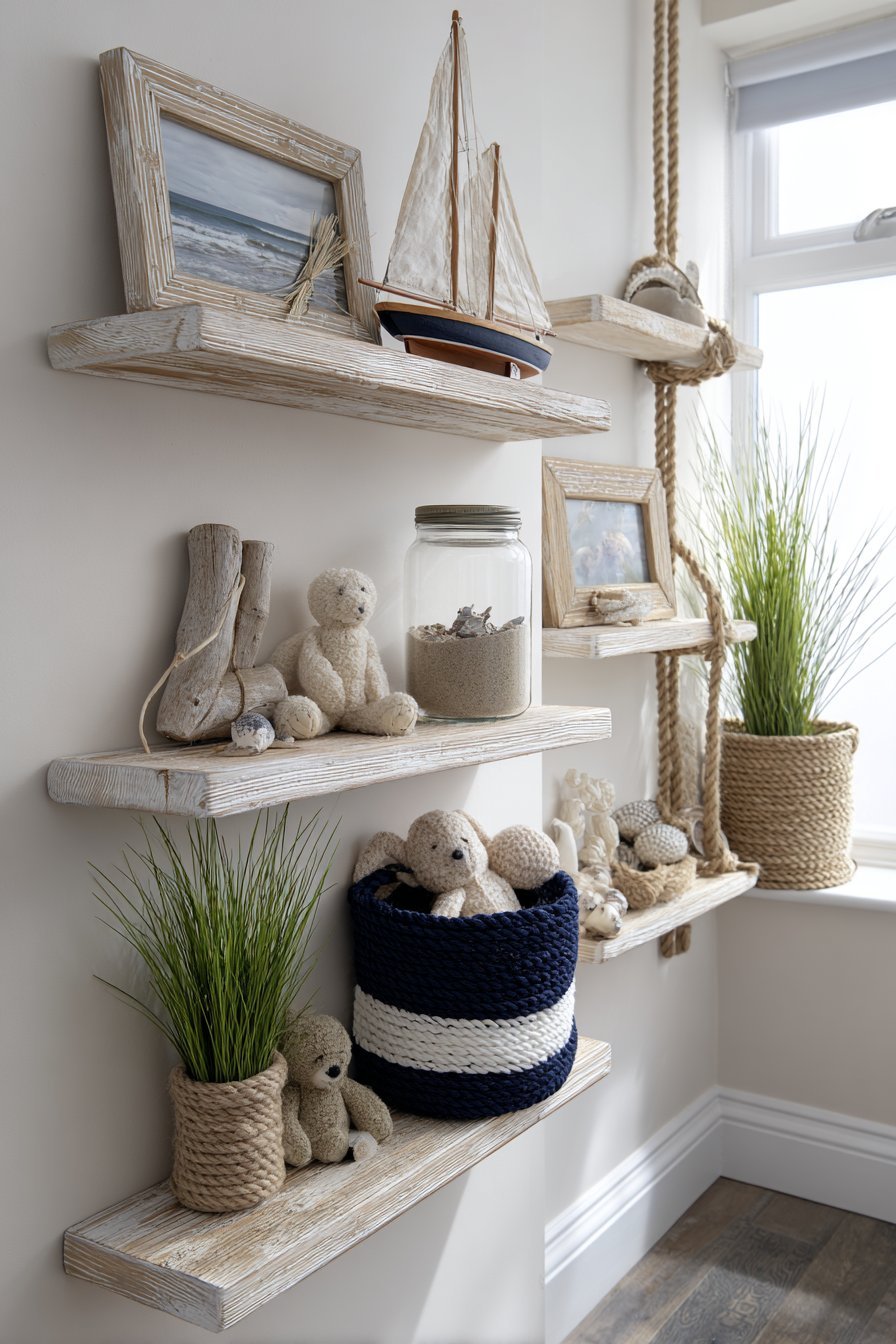 Coastal Whitewashed Wood Shelves with Nautical Details