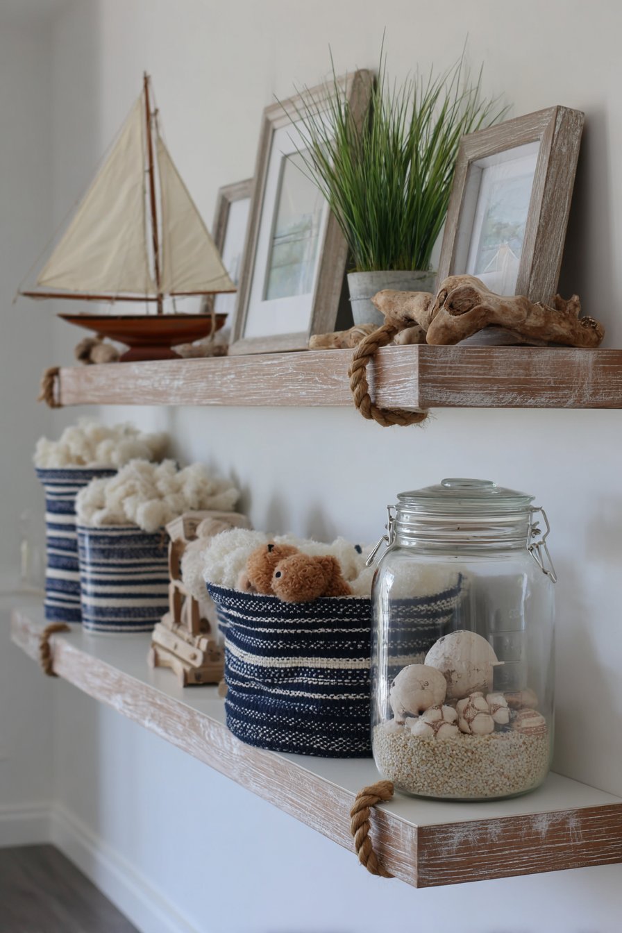 Coastal Whitewashed Wood Shelves with Nautical Details