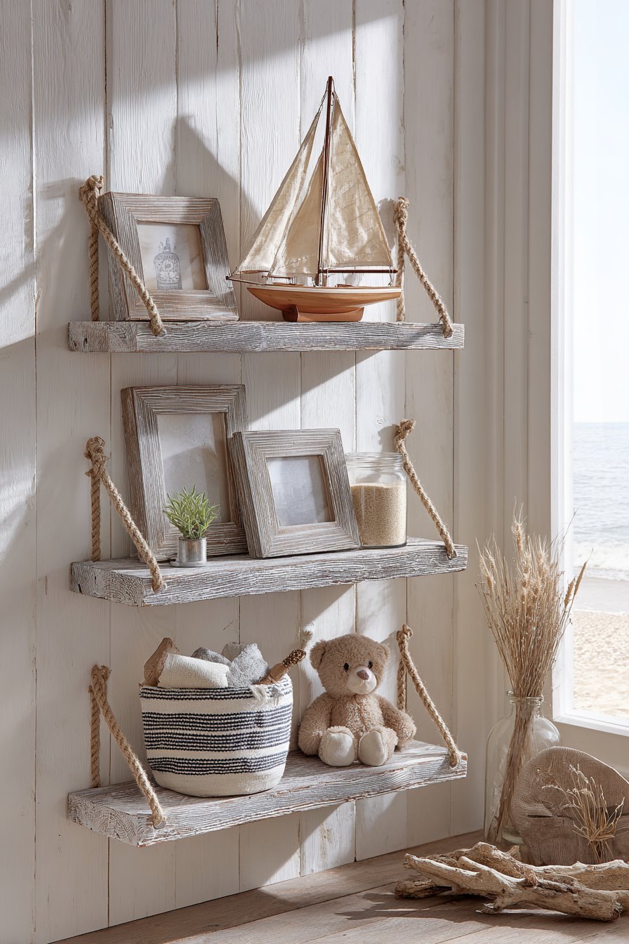 Coastal Whitewashed Wood Shelves with Nautical Details