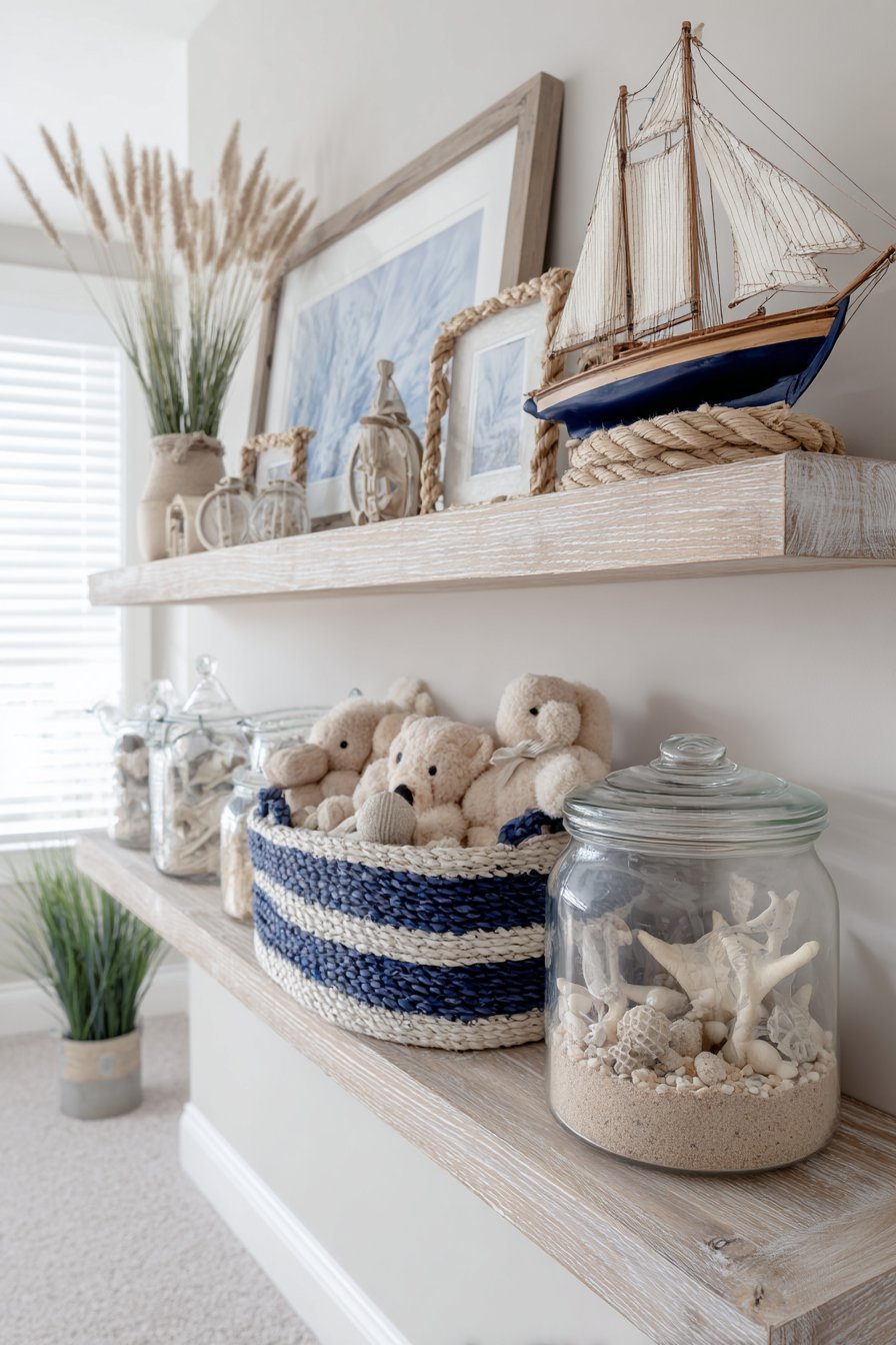 Coastal Whitewashed Wood Shelves with Nautical Details