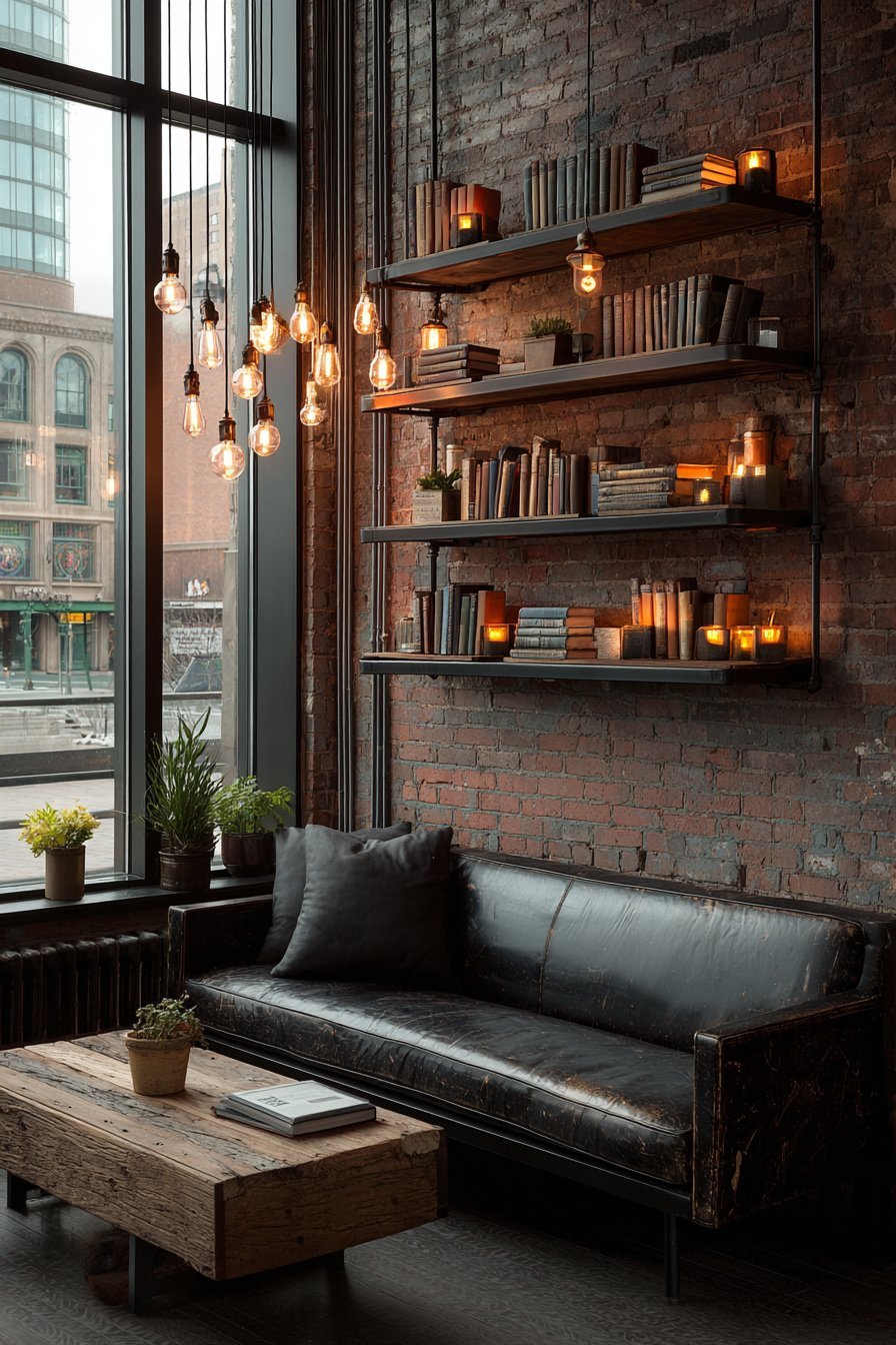 Industrial Exposed Brick with Pipe Shelving