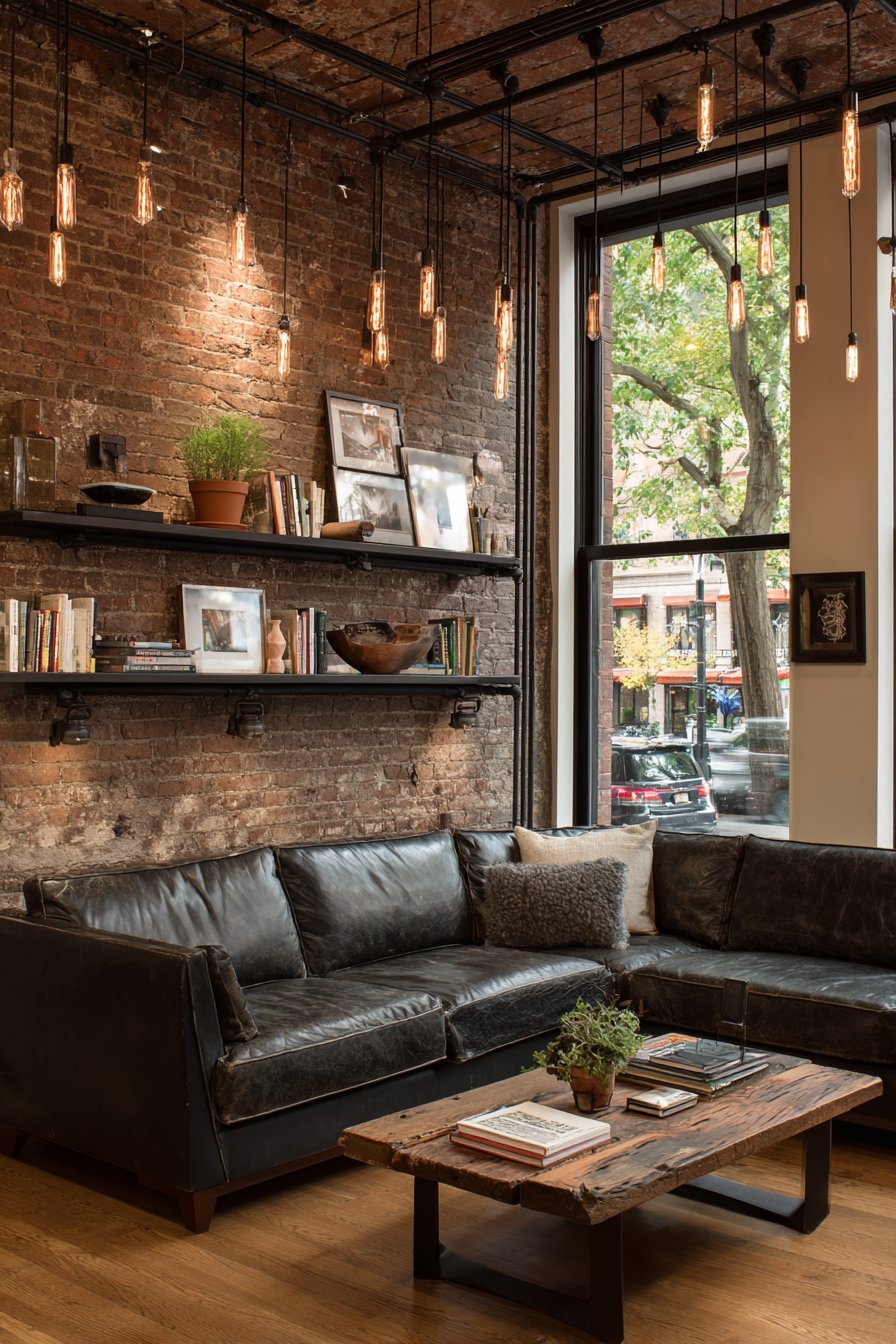 Industrial Exposed Brick with Pipe Shelving