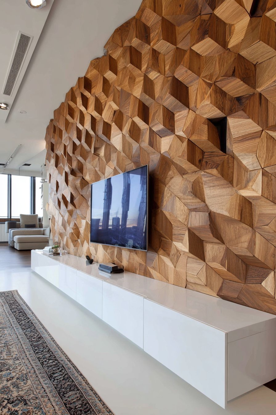 Dramatic Three-Dimensional Wood Tile Wall